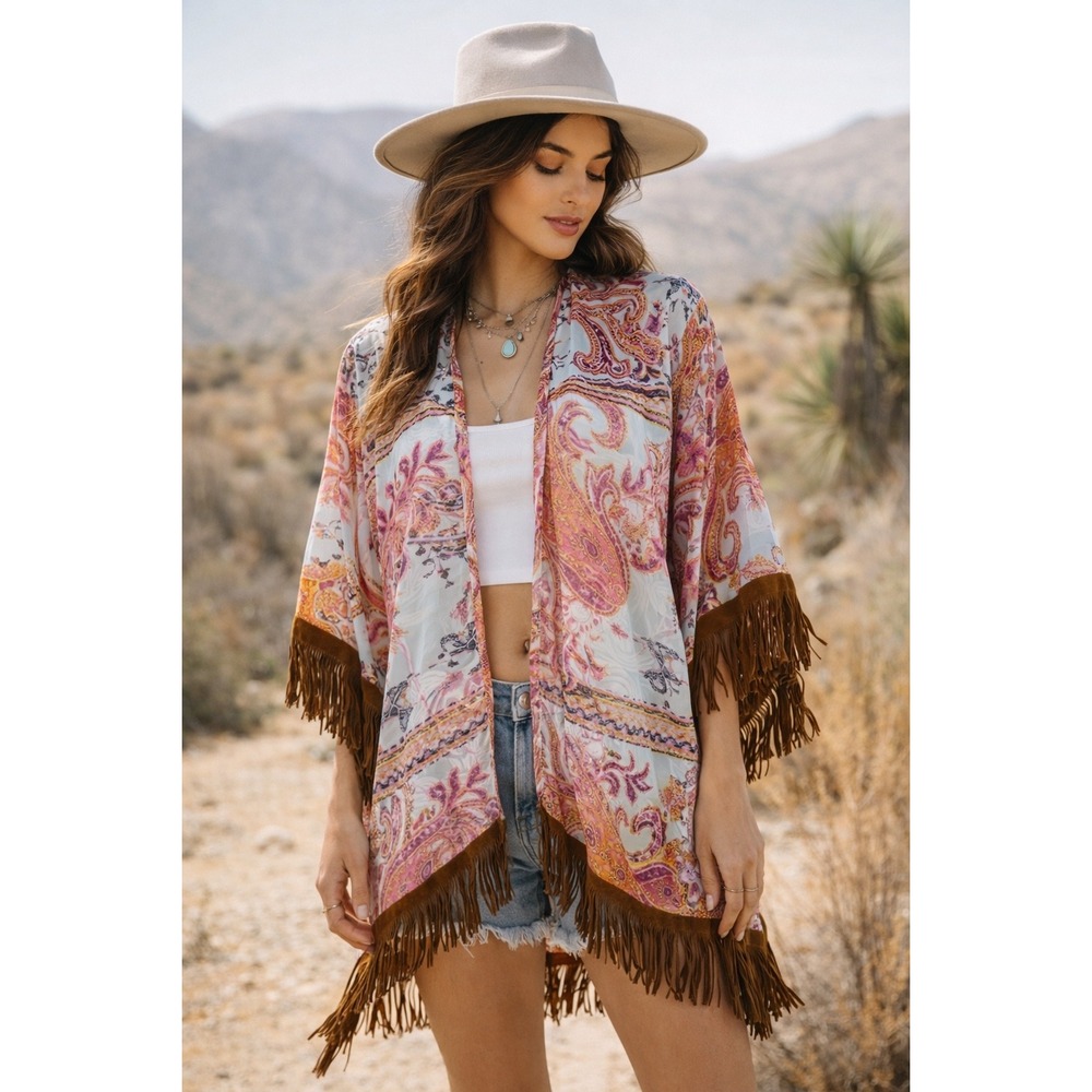 Ivy Jane Paisley Fringe Kimono Duster Boho Festival Cover Up XL Pink white